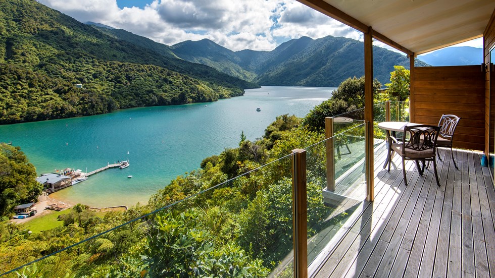 Some accommodation rooms include a private balcony with surrounding views of Punga Cove and Endeavour Inlet in the Marlborough Sounds in New Zealand's top of the South Island