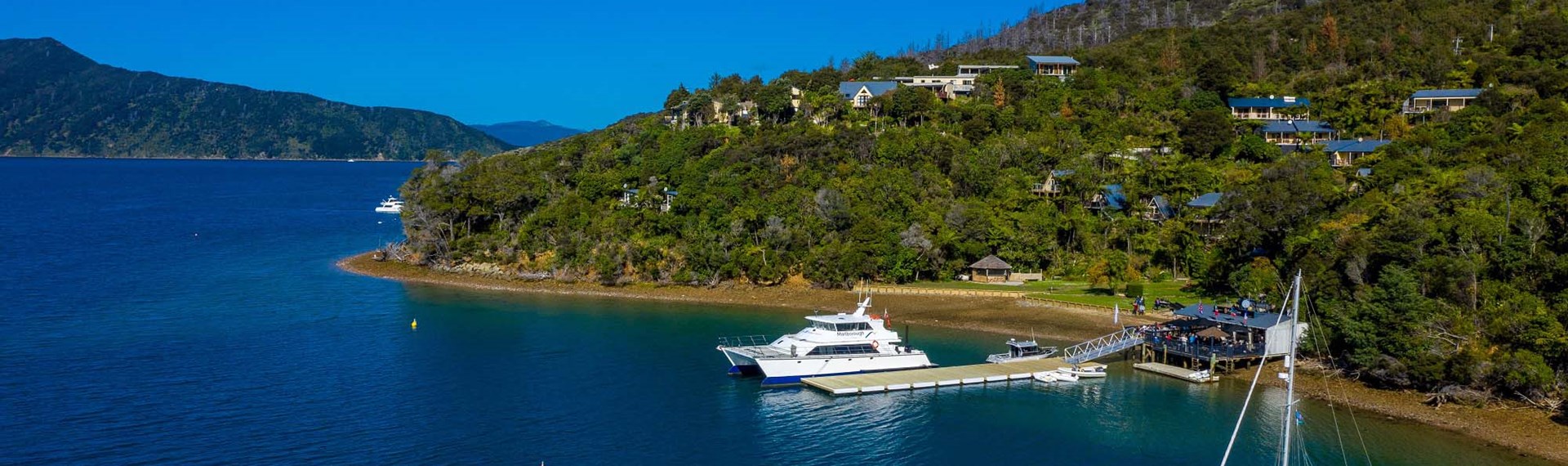 Large commercial vessels like MV Odyssea can park easily at the Punga Cove jetty which is located at the bottom of the accommodation propertyin the Marlborough Sounds in New Zealand's top of the South Island