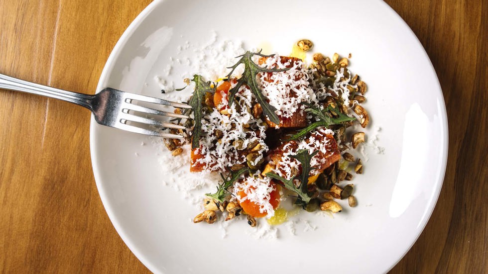 The Punga Fern Restaurant has a range of delicious dining options on the menu like this carrot and vegetables meal at Punga Cove in the Marlborough Sounds, New Zealand