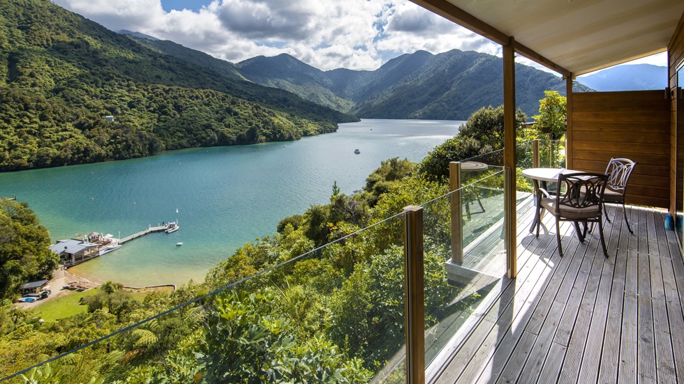 Some accommodation rooms include a private balcony with surrounding views of Punga Cove and Endeavour Inlet in the Marlborough Sounds in New Zealand's top of the South Island