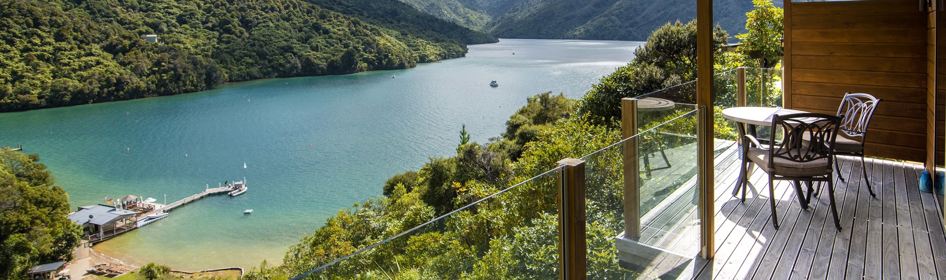 Some accommodation rooms include a private balcony with surrounding views of Punga Cove and Endeavour Inlet in the Marlborough Sounds in New Zealand's top of the South Island