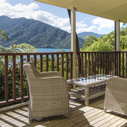 Some accommodation rooms such as Fern Studios include a private balcony with surrounding views of Punga Cove and Endeavour Inlet in the Marlborough Sounds in New Zealand's top of the South Island