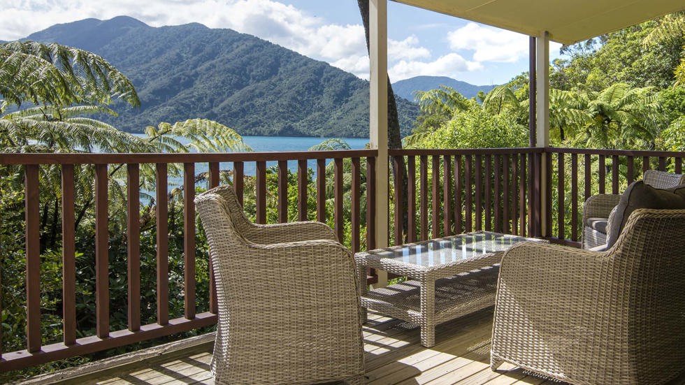 Some accommodation rooms such as Fern Studios include a private balcony with surrounding views of Punga Cove and Endeavour Inlet in the Marlborough Sounds in New Zealand's top of the South Island