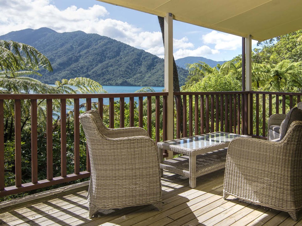 Some accommodation rooms such as Fern Studios include a private balcony with surrounding views of Punga Cove and Endeavour Inlet in the Marlborough Sounds in New Zealand's top of the South Island