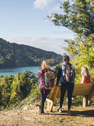 A group of three friends take a break to admire the scenic views along a Queen Charlotte Track saddle in the Marlborough Sounds in New Zealand's top of the South Island