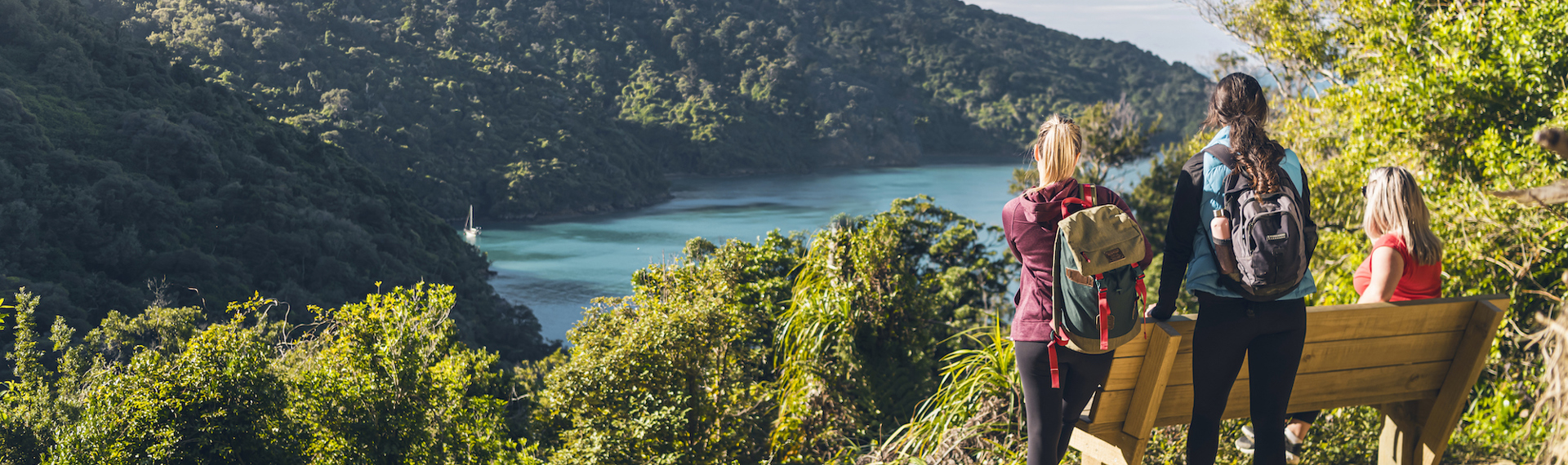 A group of three friends take a break to admire the scenic views along a Queen Charlotte Track saddle in the Marlborough Sounds in New Zealand's top of the South Island